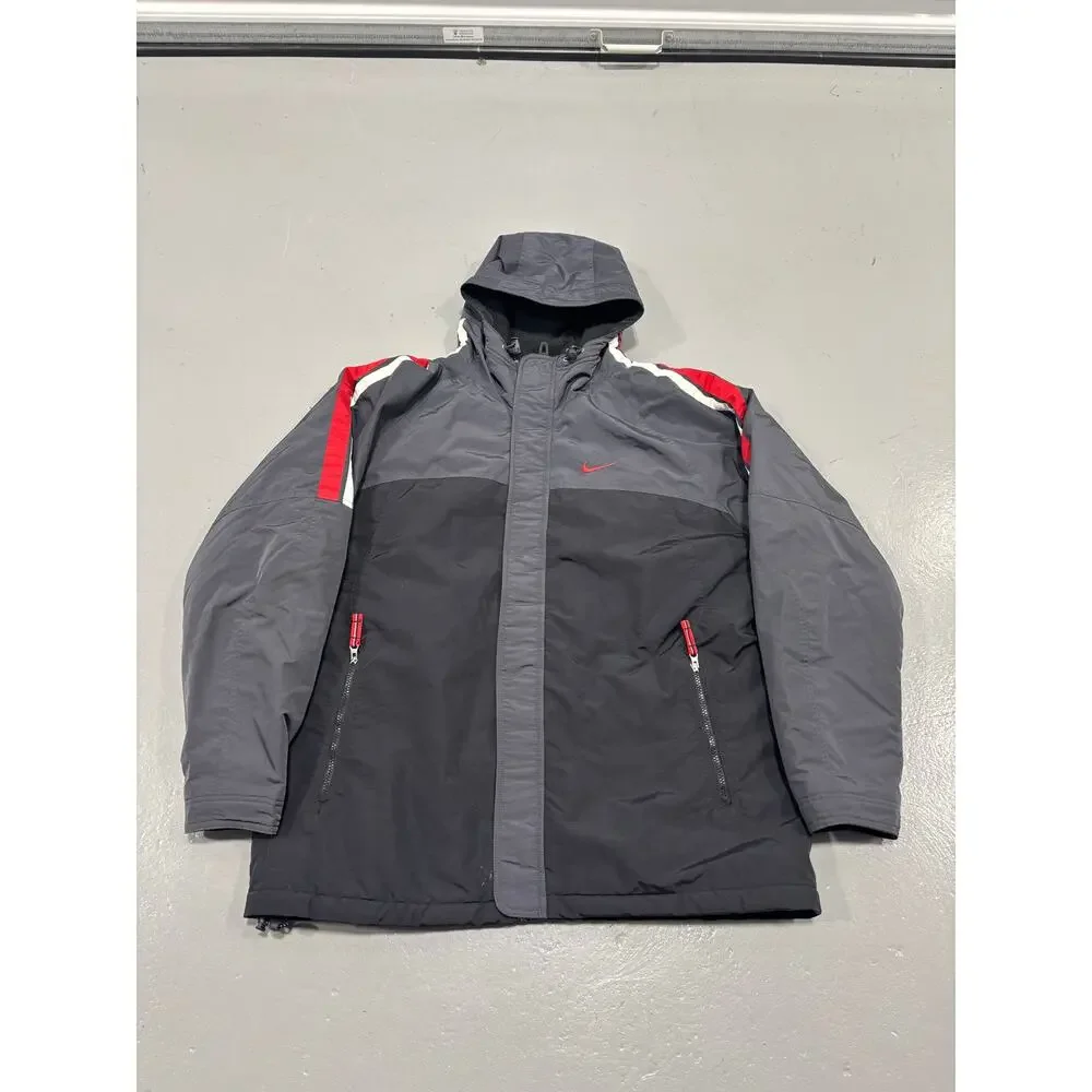VTG Y2K Nike Technical Parka Jacket Grey‎ Red Size XL Center Swoosh Style